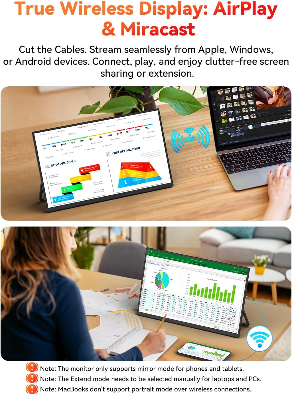 Wireless Portable Monitor Battery-Powered, Support AirPlay Miracast, 15.6' 1080P IPS Monitor USB-C HDMI External Display, 2nd Screen for Laptop MacBook PC Phone Tablet, w/Built-in Battery(4- 5H)