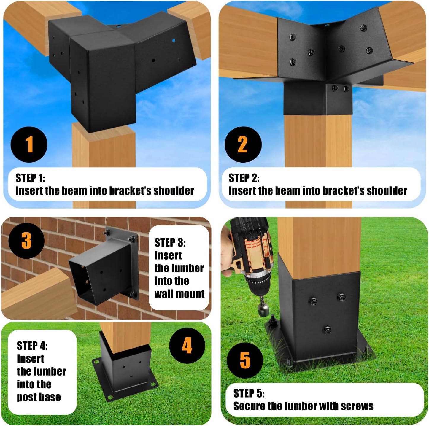 Pergola Kit, 15° 3-Way Slanted Roof Pergola Bracket Set, Roof Wall Mount Extension Bracket 4' x 4' (Actual 3.5' X 3.5') - Set 9