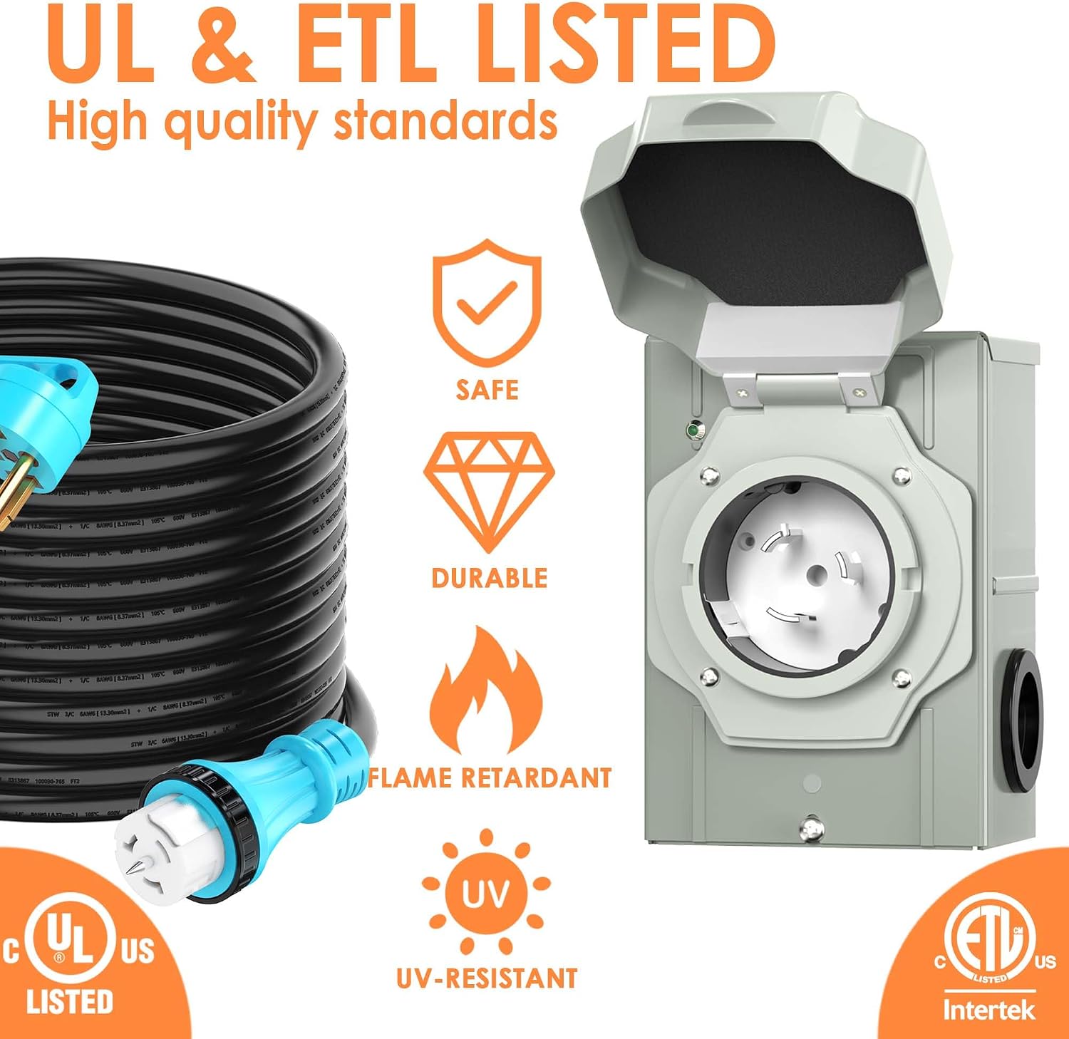 50 Amp 20 Feet Generator Cord and Power Inlet Box Combo Kit NEMA 14-50P Male to SS2-50R STW 6/3+8/1 AWG 125/250V Twist Locking with Inlet Box for Generator to House, UL Listed