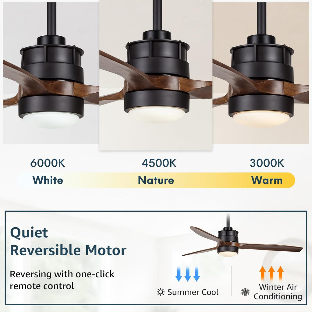 EKIZNSN 52 Inch Wet Rated Outdoor Ceiling Fan with Lights for Patios Waterproof Outdoor and Indoor use, DC Motor w 3 Reversible Walnut Wood Blades