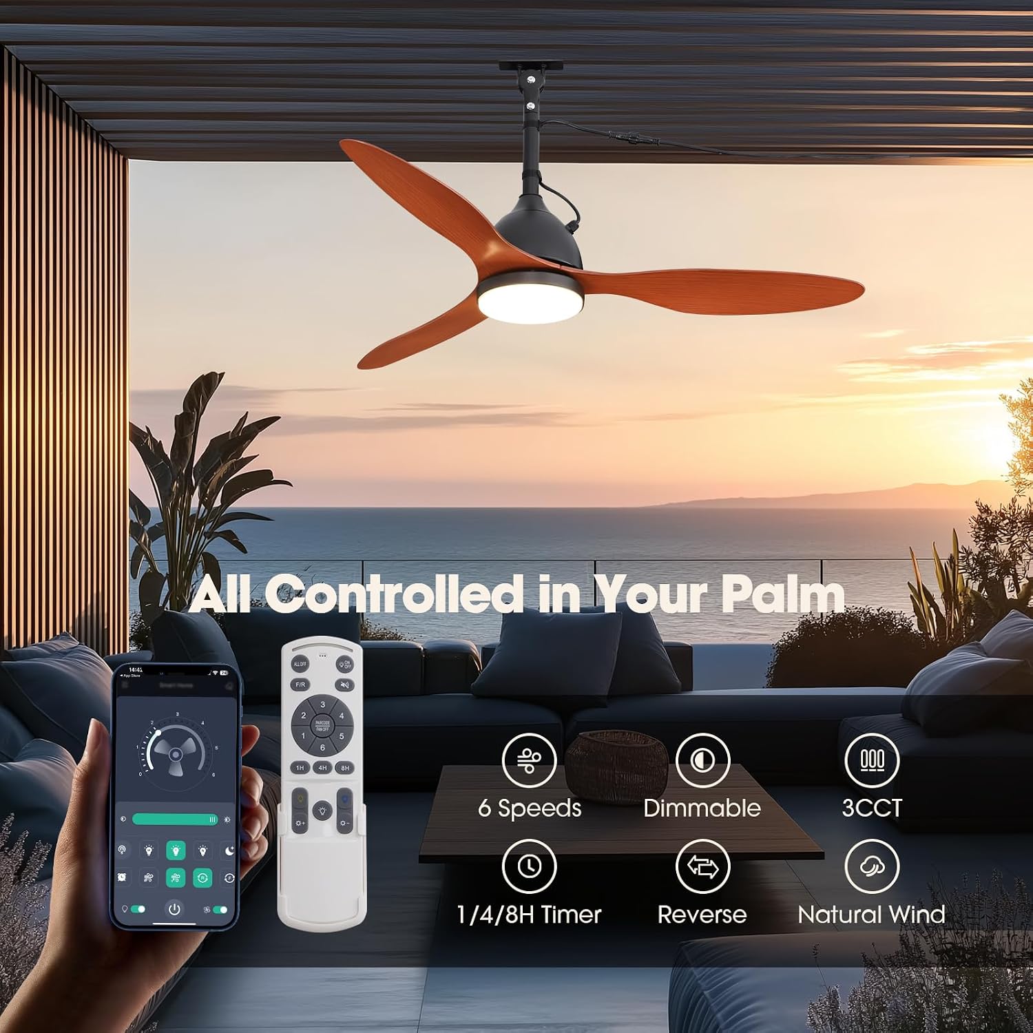 42' Outdoor Ceiling Fan, IP65 Waterproof Gazebo Fan with Light, Remote Control，6 Speeds，3CCT, Plug in Ceiling Fan with Adjustable Hanging Rod for Patio, Porch, Canopy