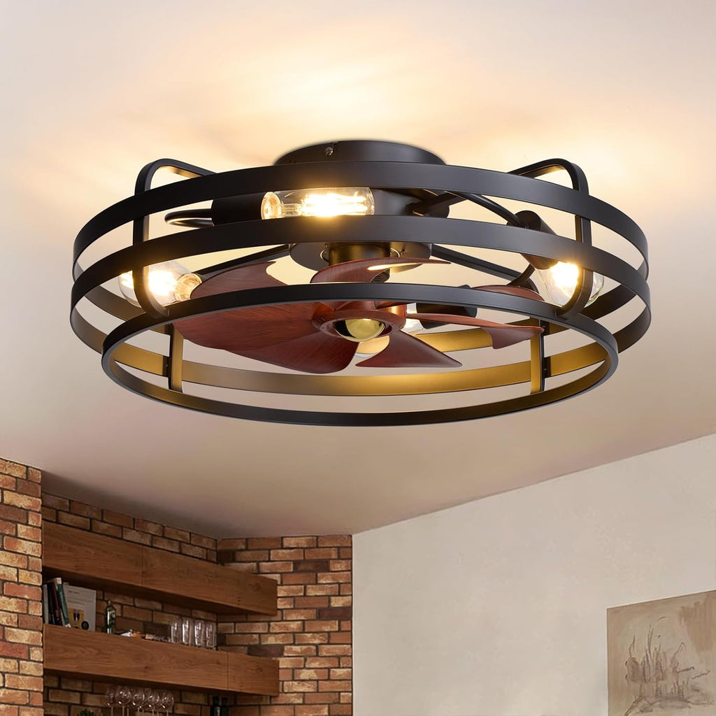 24 Inch Farmhouse Flush Mount Ceiling Fan with Lights and Remote, Industrial Black Caged with 6 Wind Speeds, Dimmable, Reversible, Rustic Ceiling Fan Lights for Bedroom, Kitchen, Living Room