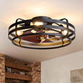 24 Inch Farmhouse Flush Mount Ceiling Fan with Lights and Remote, Industrial Black Caged with 6 Wind Speeds, Dimmable, Reversible, Rustic Ceiling Fan Lights for Bedroom, Kitchen, Living Room