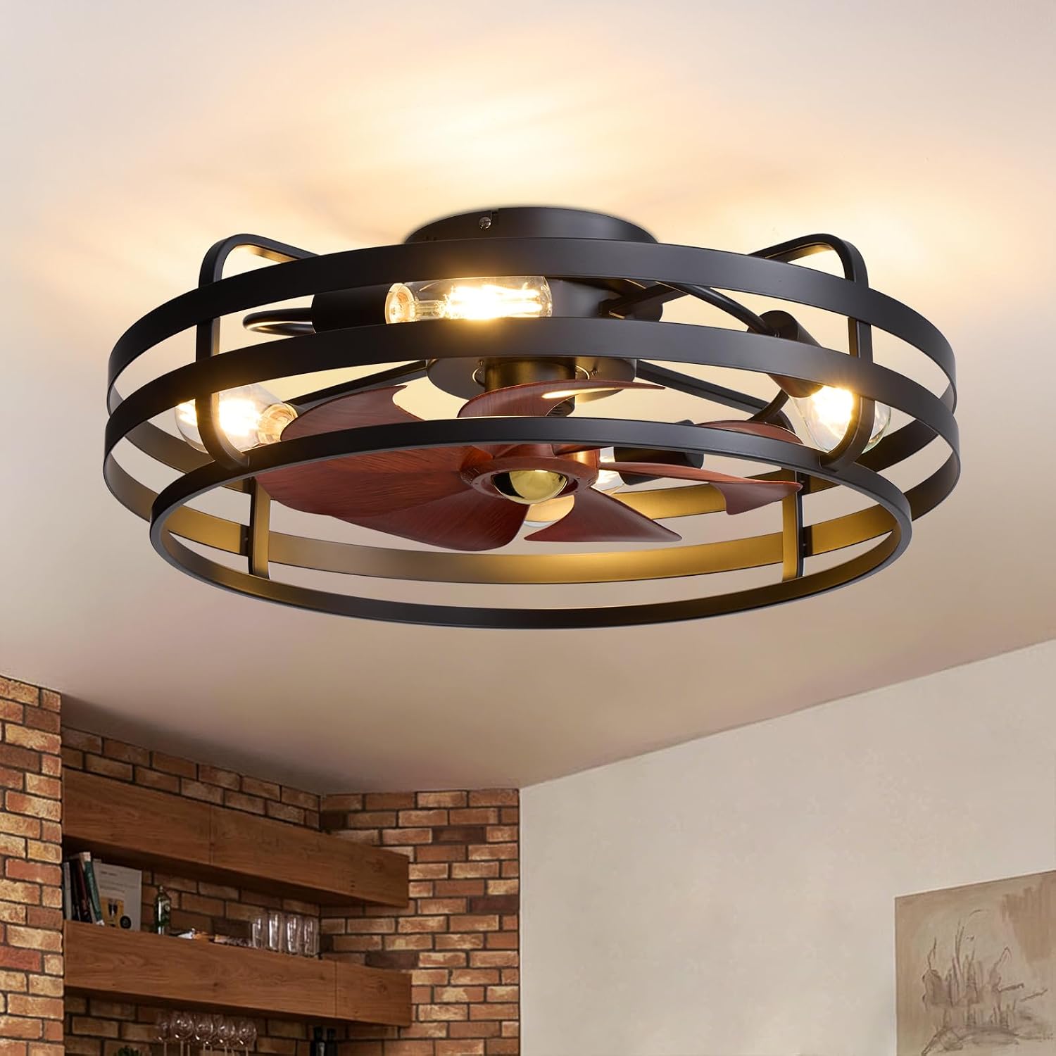 24 Inch Farmhouse Flush Mount Ceiling Fan with Lights and Remote, Industrial Black Caged with 6 Wind Speeds, Dimmable, Reversible, Rustic Ceiling Fan Lights for Bedroom, Kitchen, Living Room