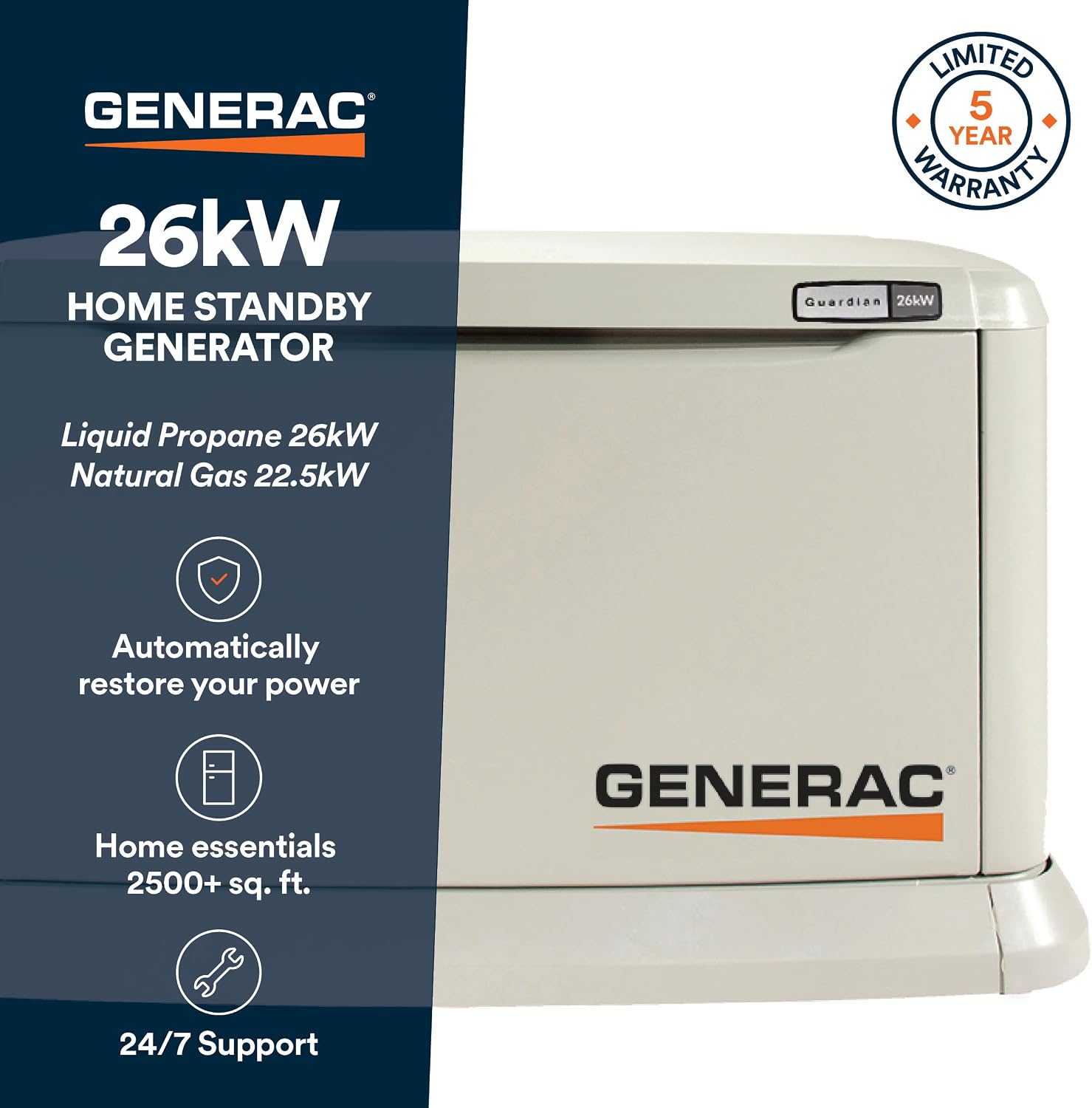 Generac Guardian 26kW Home Standby Generator with 200 Amp Transfer Switch - Automatic Whole House Backup Power for Storms, Emergencies, and Outages, WiFi Enabled, Runs on Natural Gas or Liquid Propane