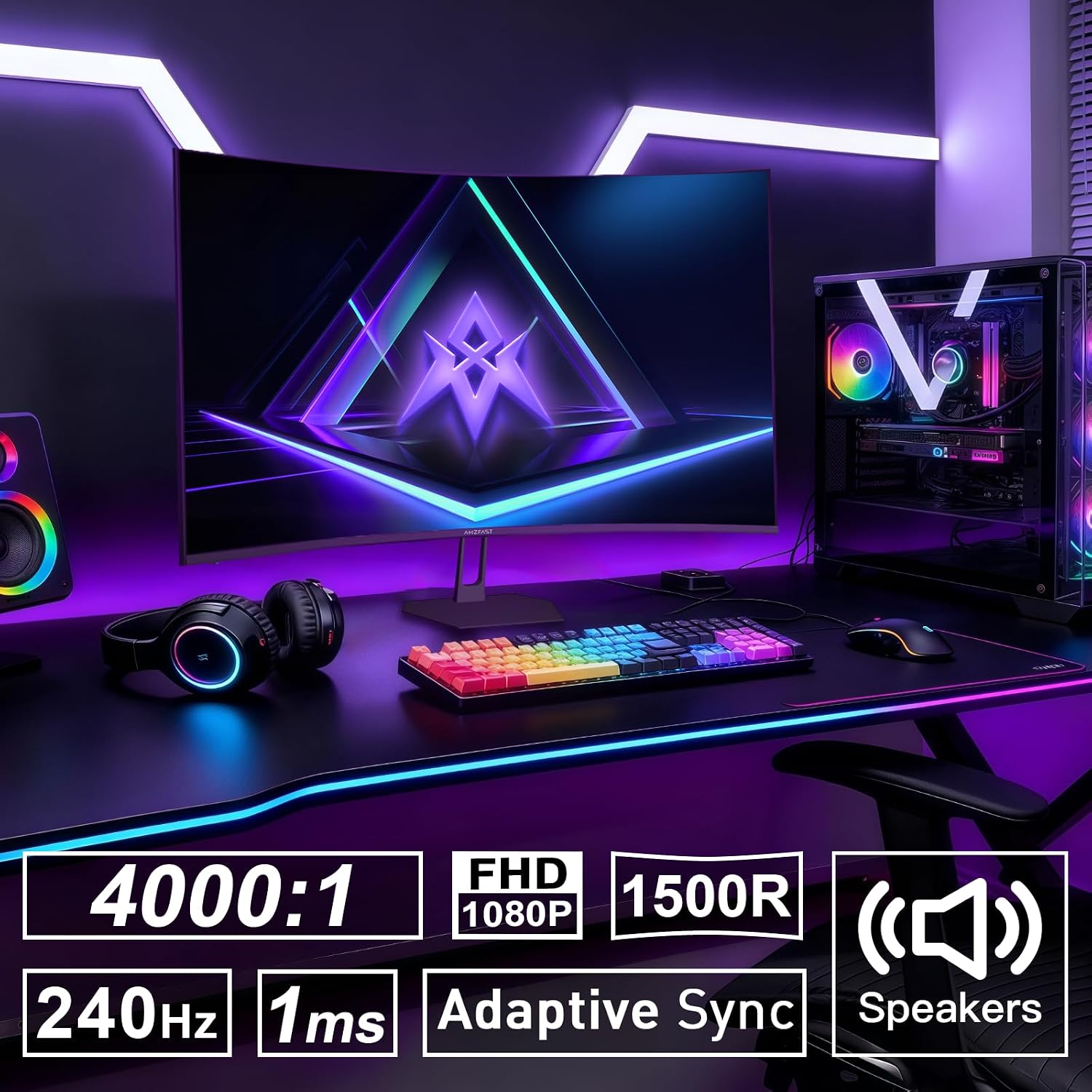 Amzfast 27 inch 240Hz Curved Monitor, FHD 1080p Gaming Monitor, Built-in Speakers, FreeSync, MPRT 1ms, 130% sRGB, 4000:1, 1500R, VESA Mount, HDMI 2.0&DP 1.4, 12 Months Warranty Exchange