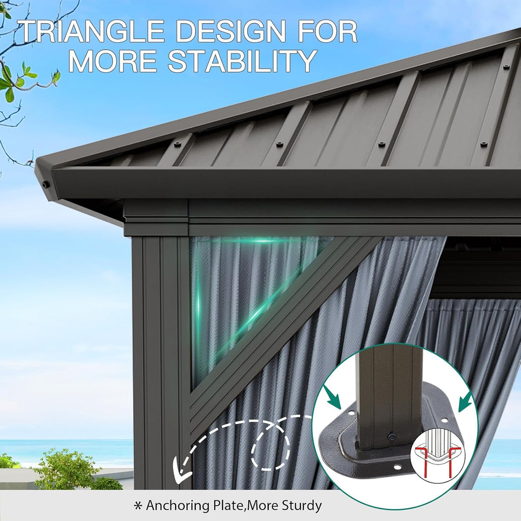 10X12 FT Outdoor Galvanised Steel Hardtop Gazebo, Heavy Duty Double Roof Outdoor Gazebo with Netting and Sunshade Curtains, Aluminium Framed Gazebo for Patio, Terrace, Lawn and Deck, Khaki