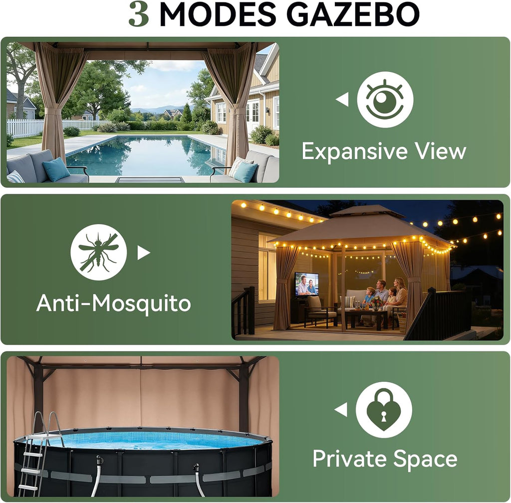 Aoxun Outdoor Gazebo for Patio 10x12 Metal Frame Canopy with Double Roofs Heavy Duty Party Tent and Shelter with Mosquito Netting and Privacy Screen for Backyard, Lawn, Garden, Deck (Khaki)