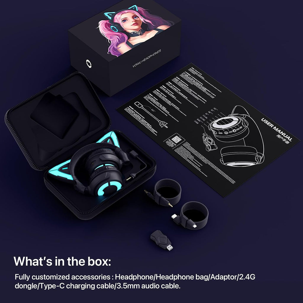YOWU Cat Ear Headphones 4GS - RGB Gaming Headset with Mic & 2.4G USB/Type C Dongle for PC/PS4/PS5/XBOX/Switch, Wired/Wireless Bluetooth Headphones(Black)