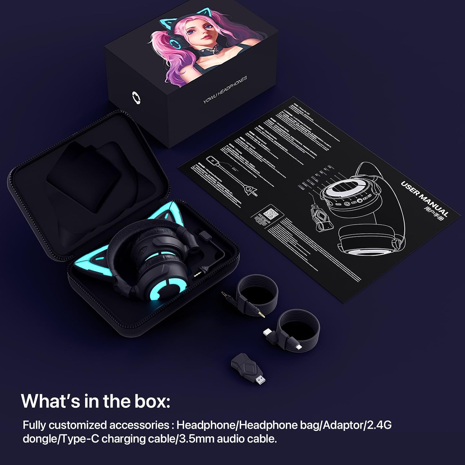 YOWU Cat Ear Headphones 4GS - RGB Gaming Headset with Mic & 2.4G USB/Type C Dongle for PC/PS4/PS5/XBOX/Switch, Wired/Wireless Bluetooth Headphones(Black)