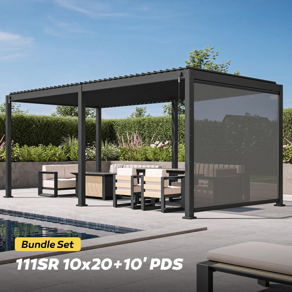 MIRADOR 111S Round 10'x20' Louvered Pergola with 10FT Shade Screen for Outdoor Deck Lawn Garden Backyard Patio Porch，Charcoal