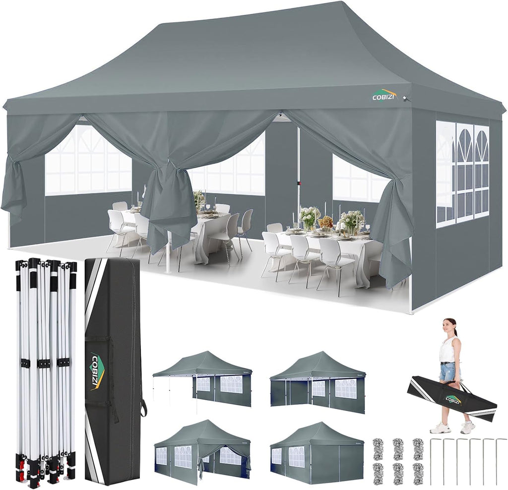 COBIZI 10x20 Pop Up Canopy with 6 Sidewalls, Conical Party Tent 10x20 with 3 Adjustable Height Waterproof, UV-Resistant with Carry Bag, Sandbag, Stake, Ropes for Parties, Commercial (Frame Upgraded)