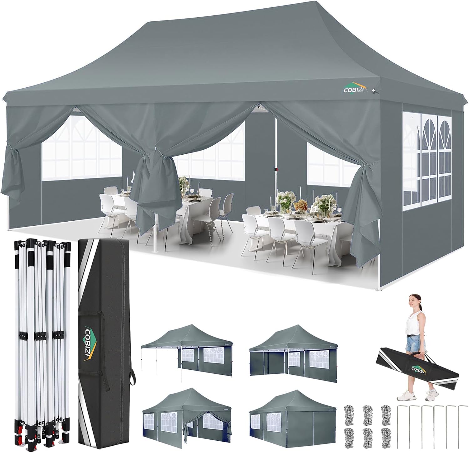 COBIZI 10x20 Pop Up Canopy with 6 Sidewalls, Conical Party Tent 10x20 with 3 Adjustable Height Waterproof, UV-Resistant with Carry Bag, Sandbag, Stake, Ropes for Parties, Commercial (Frame Upgraded)