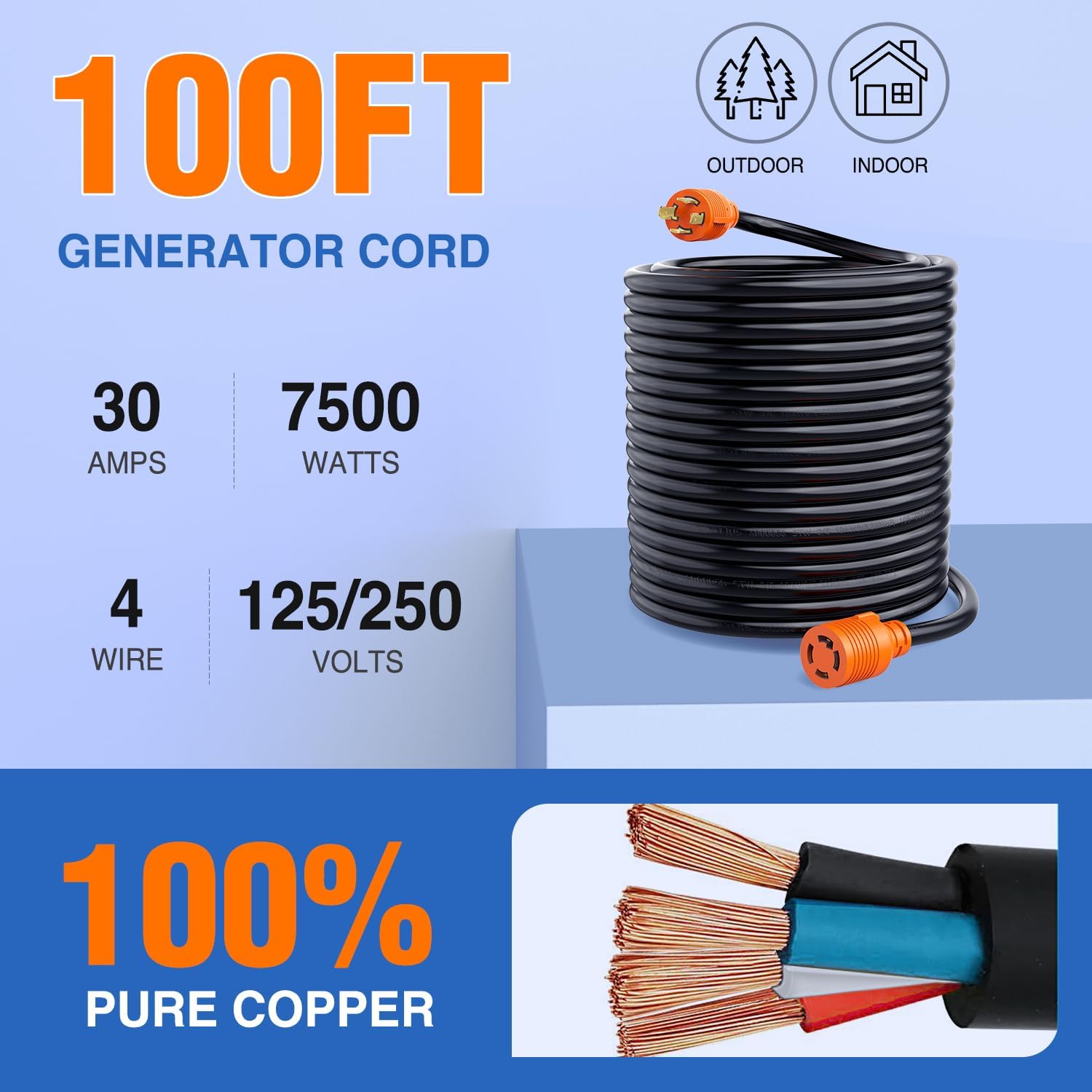 Nilight 30 Amp 100FT Generator Extension Cord 125/250V 7500 Watt Heavy Duty 10 Gauge Pure Copper STW Wire ETL Listed 4 Prong L14-30P L14-30R Cable for RV Camper Outdoor Use