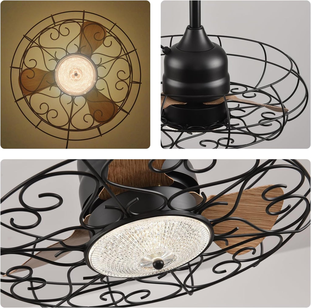 Orison Outdoor Ceiling Fans with Light, 24'' Wet Rated Outdoor Hanging Fan for Gazebo, Plug in Caged Lighting for Pergola Canopy, Hanging with Hook, 3 Color LED Light, Waterproof (24IN)