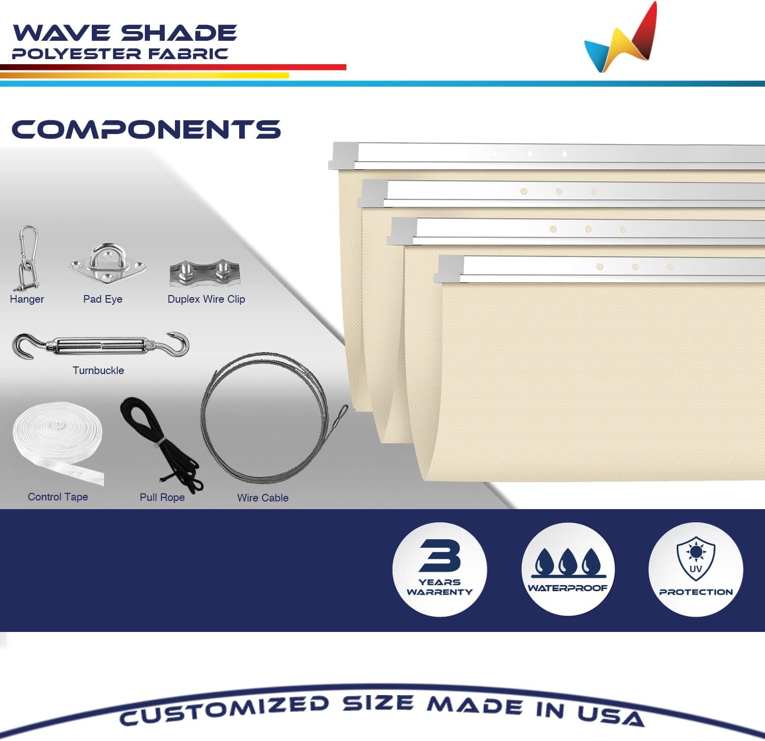 Windscreen4less 3' x 4' Waterproof Retractable Sun Shade Canopy Cover Sliding Wave Shade Sail for Pergola Patio Deck Yard Gazebo Outdoor (Beige)