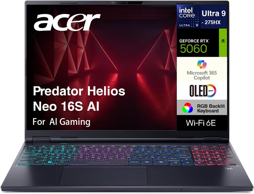 acer Predator Helios Neo 16S AI Gaming Laptop 16.0' 240Hz OLED WQXGA (Intel Ultra 9-275HX, GeForce RTX 5060 8GB, 32GB DDR5, 1TB PCIe SSD, Copilot, Thunderbolt 4, Win 11 Home) w/DKZ USB Port Expander