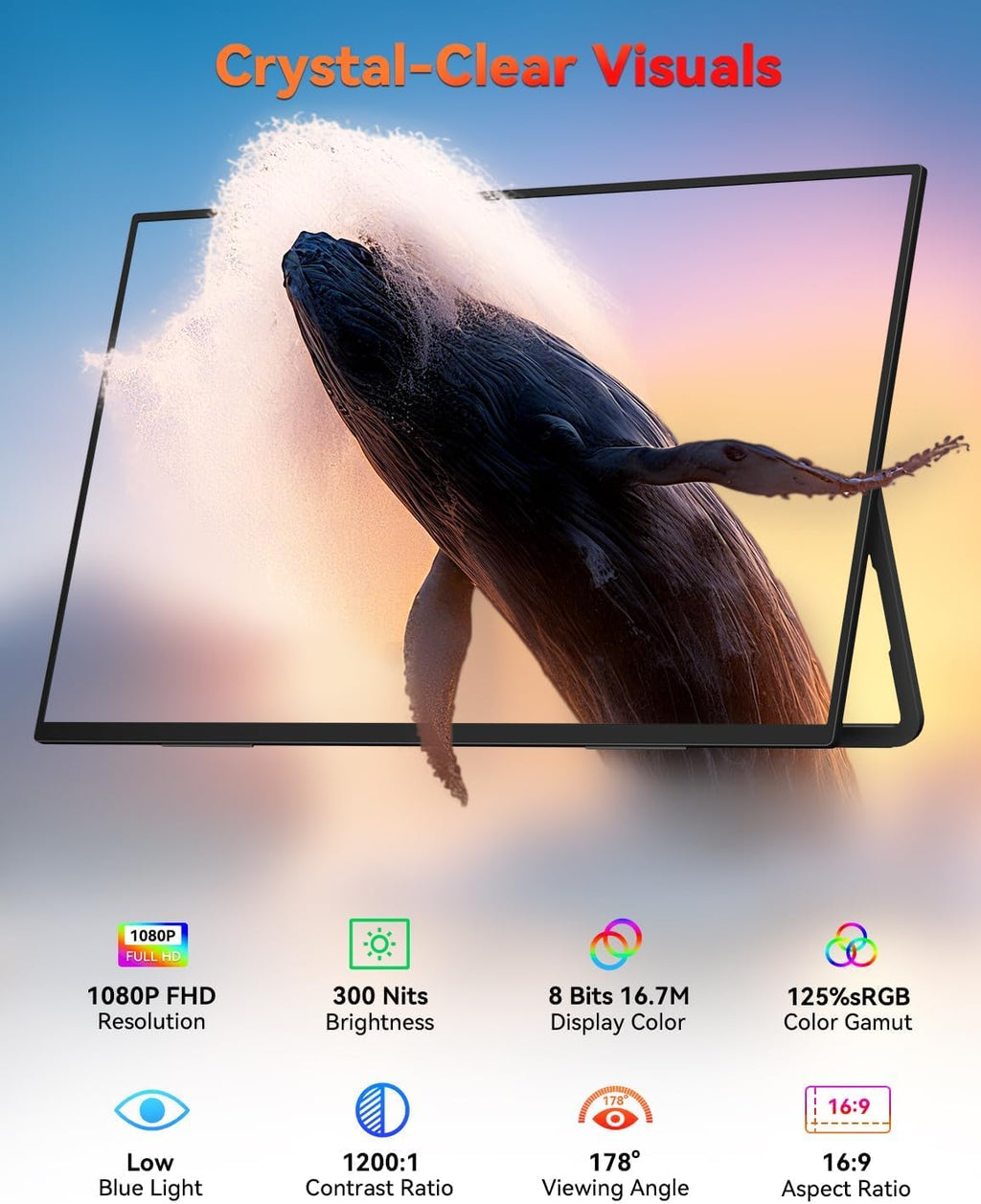 HotYeah Portable Monitor, 18.5' 1080P 100Hz 125% sRGB Laptop Monitor USB-C HDMI External Computer Display HDR FreeSync w/Kickstand & Speaker, 2nd Screen for Laptop PC Mac Phone Tablet Switch PS5 Xbox