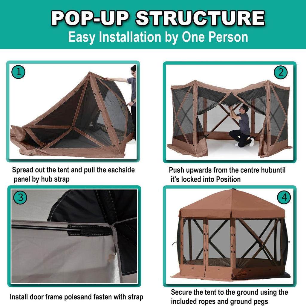 Lenotos 10 x 10 FT Pop Up Screen Tent, Portable Outdoor Camping Gazebo with Ground Stakes and Carry Bag, Brown