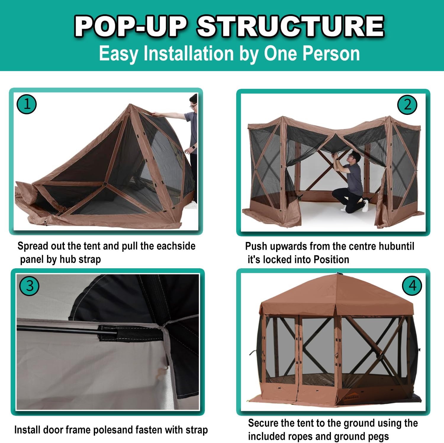 Lenotos 10 x 10 FT Pop Up Screen Tent, Portable Outdoor Camping Gazebo with Ground Stakes and Carry Bag, Brown