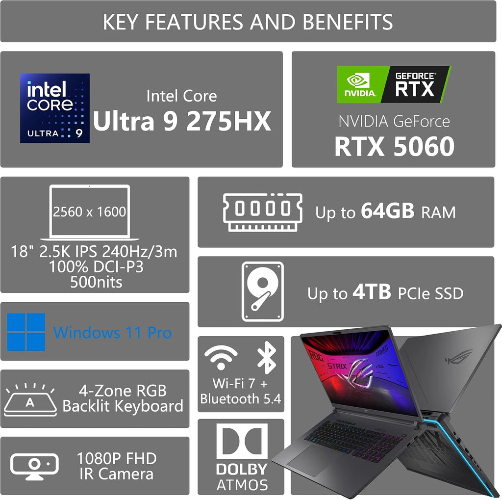 ASUS ROG Strix G18 G815 Gaming AI Laptop | 18' 2.5k IPS 240Hz (100% DCI-P3, 3ms) | Intel 24-Core Ultra 9 275HX | 32GB DDR5 2TB SSD | GeForce RTX 5060 | RGB Backlit Wi-Fi7 Win11 Pro w/DLCA Accessory