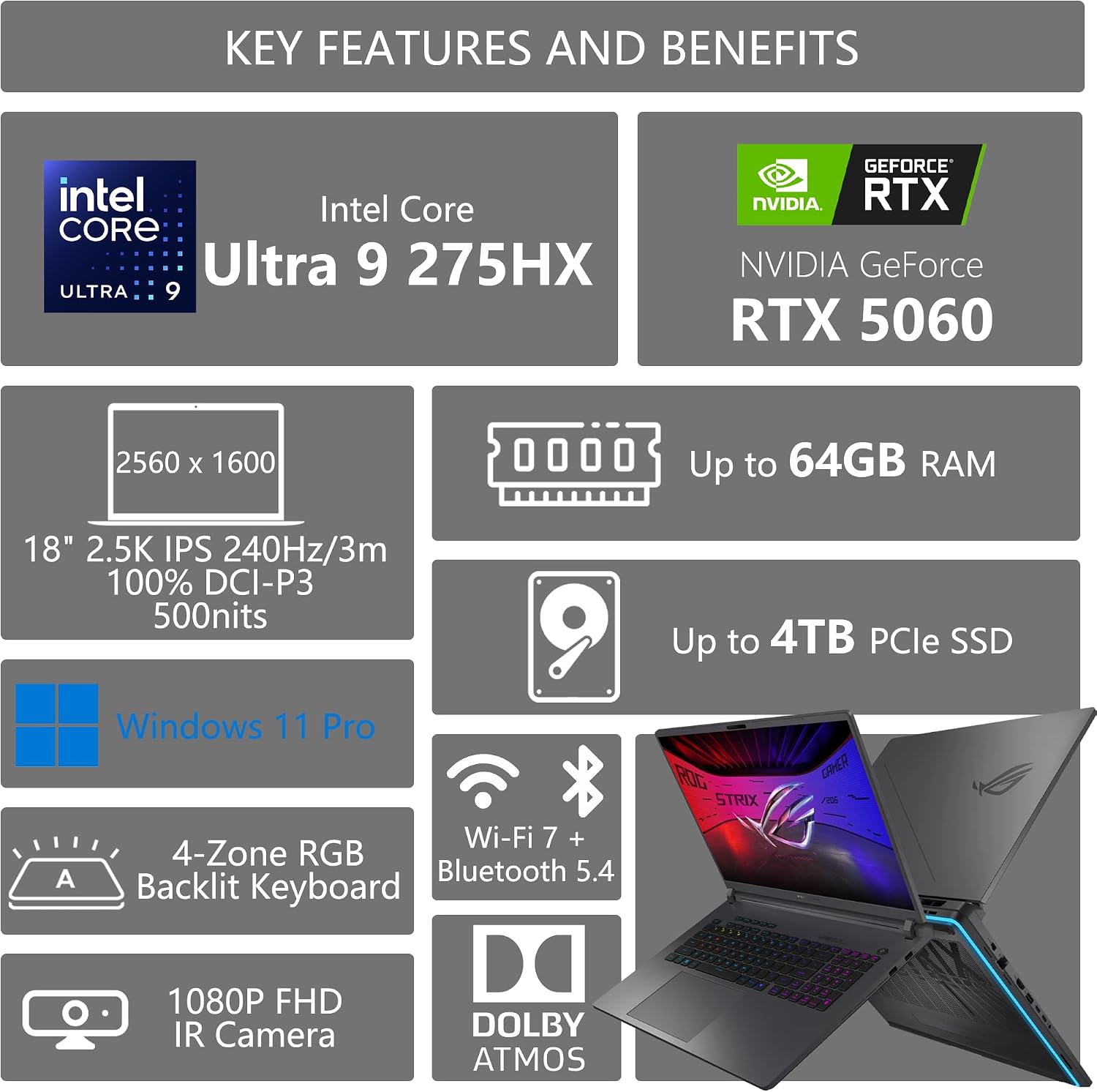 ASUS ROG Strix G18 G815 Gaming AI Laptop | 18' 2.5k IPS 240Hz (100% DCI-P3, 3ms) | Intel 24-Core Ultra 9 275HX | 32GB DDR5 2TB SSD | GeForce RTX 5060 | RGB Backlit Wi-Fi7 Win11 Pro w/DLCA Accessory