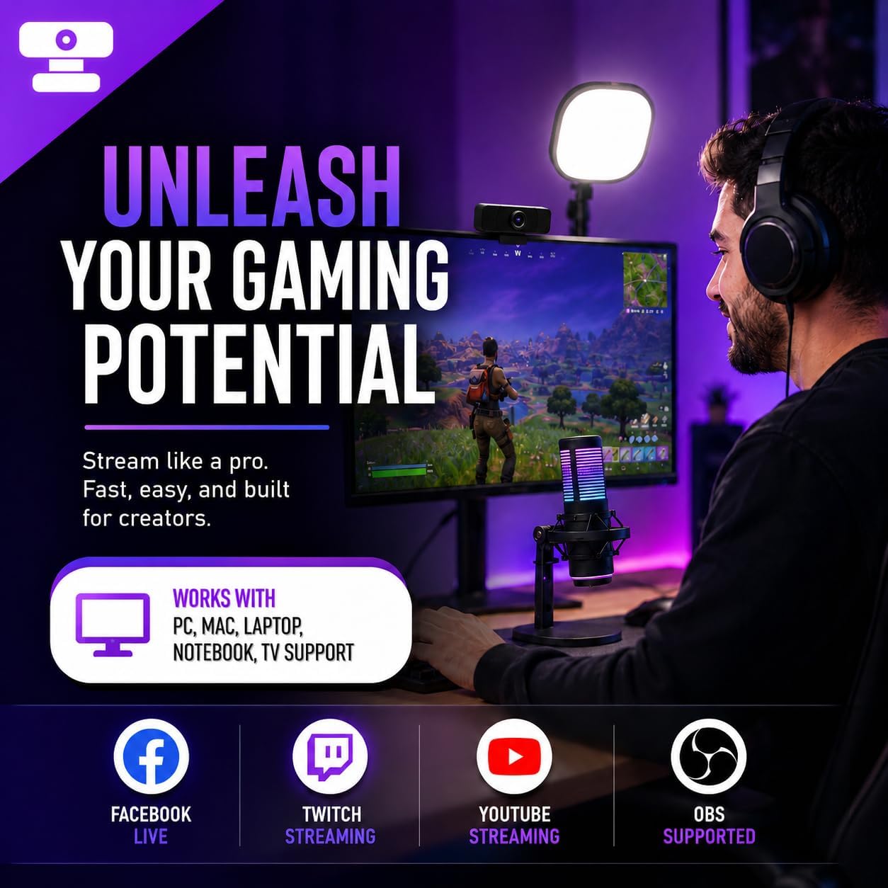 Live Video Streaming Kit (Deluxe)-for Video Call, Gaming, Podcast, YouTube, Content Creation- Includes 2k 60 FPS Webcam, Professional Cardioid Microphone, and LED Flat Light for Android/MAC/Windows
