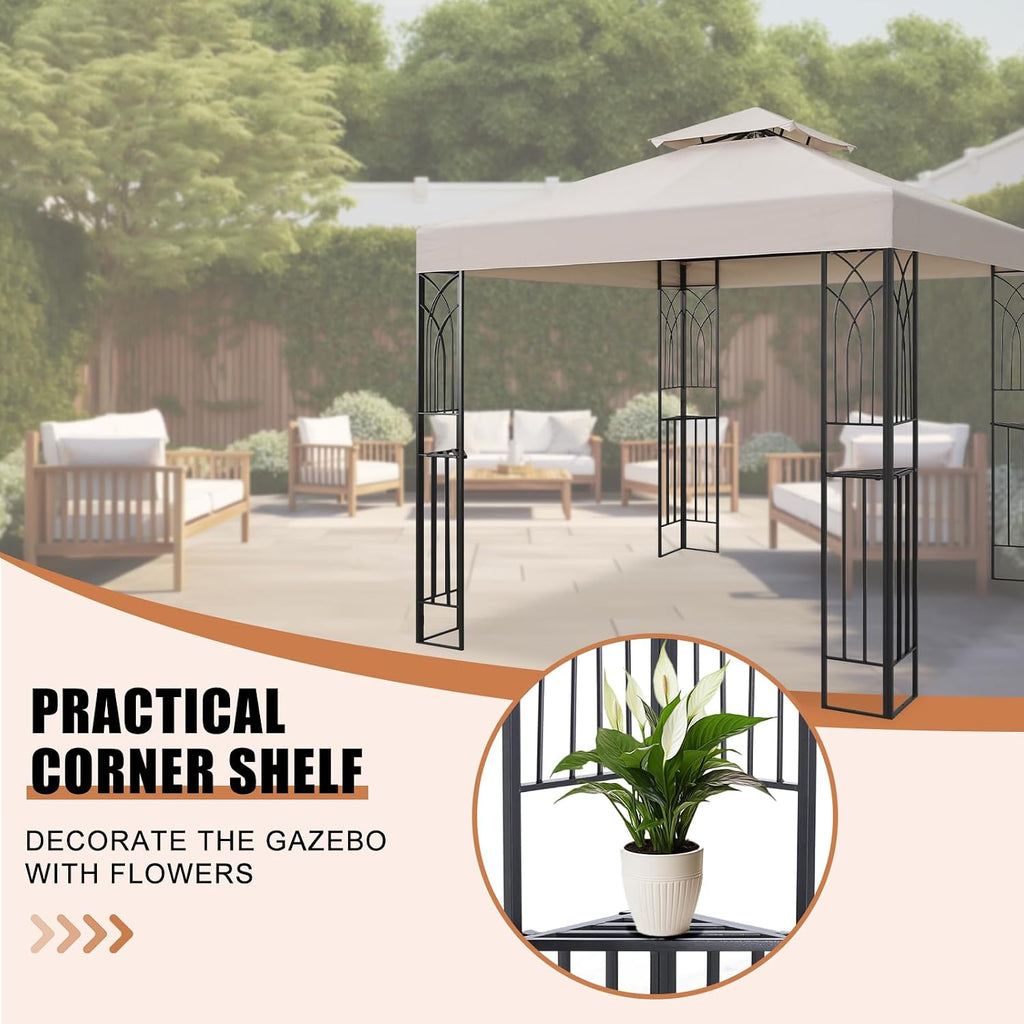 8x8 Outdoor Gazebo for Backyard, Patio Gazebo Tent with Corner Shelves, Beige