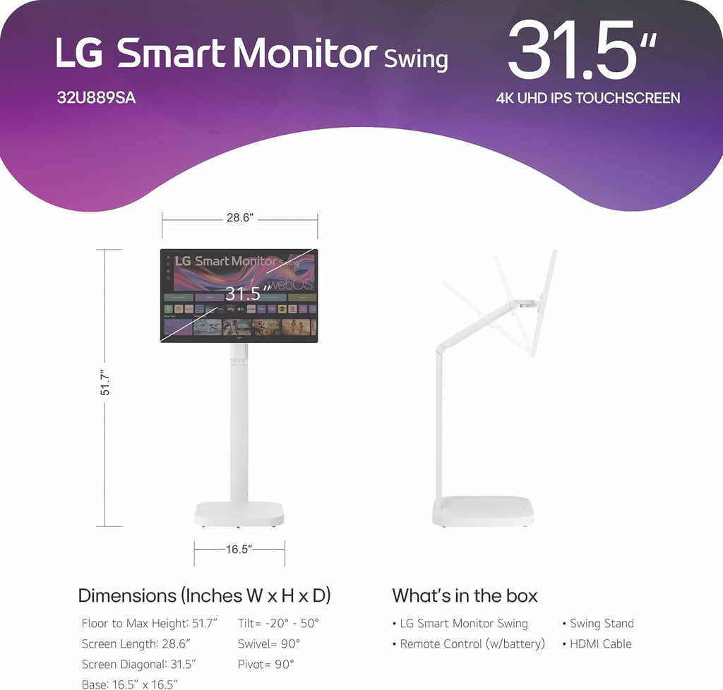 LG Smart Monitor Swing 32U889SA-W 32-Inch 4K UHD (3840x2160) IPS Touchscreen on a Fully Adjustable Wheeled Base HDR10, webOS, Built-in Speaker, HDMI, USB Type-C, Tilt/Height/Swivel/Pivot Stand, White
