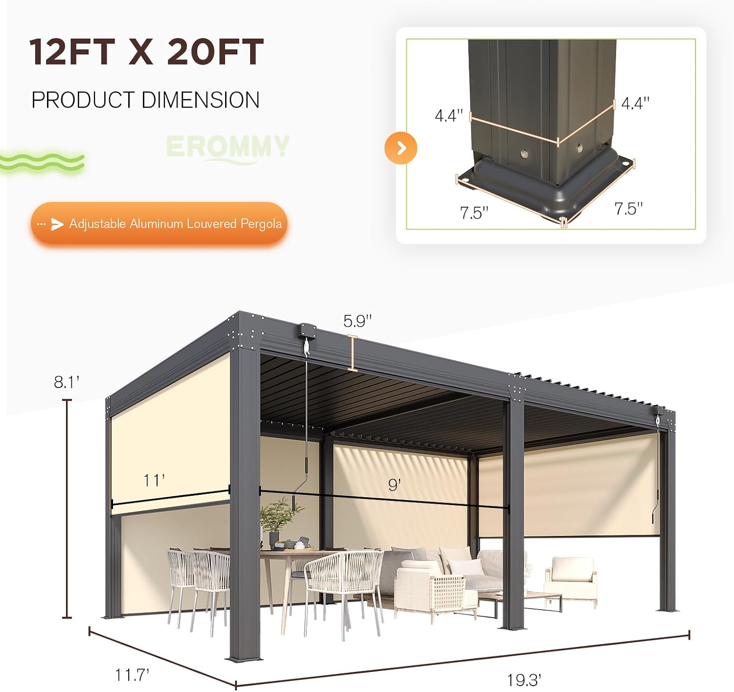 EROMMY 12x20 Louvered Pergola with Side Pull-Down Screen, Outdoor Aluminum Pergola with Thickened Frame and Adjustable Metal Rainproof Roof for Deck Patio Garden Yard, Black-Gray