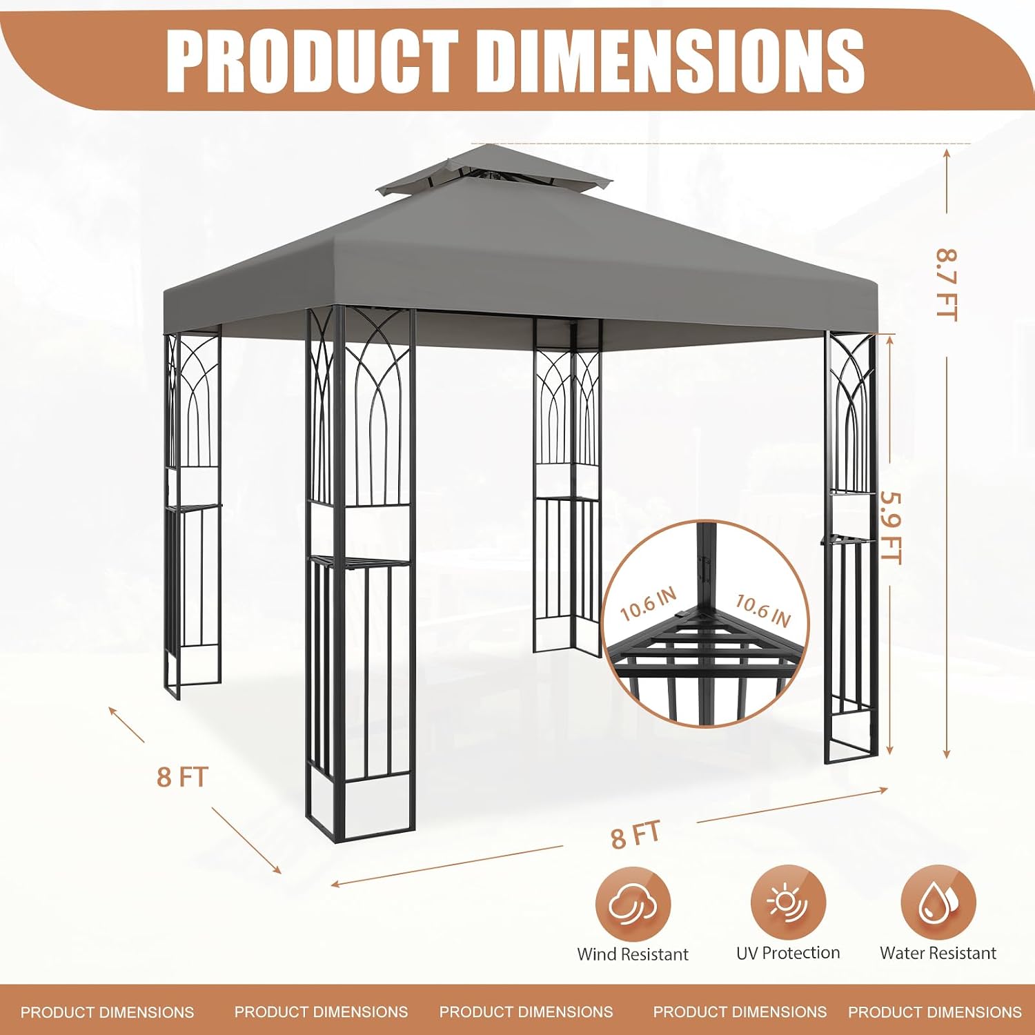 8x8 Outdoor Gazebo for Backyard, Patio Gazebo Tent with Corner Shelves, Gray