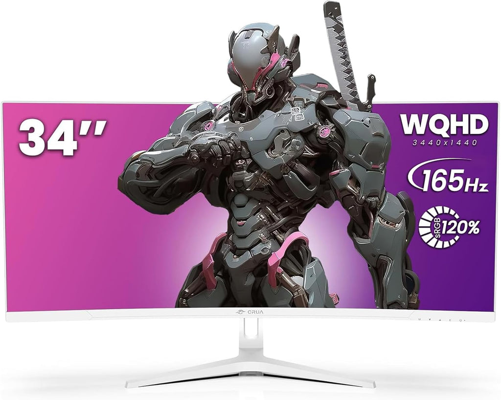 CRUA 34'' White Gaming Monitor 165Hz/144Hz, 21:9 1500R Ultrawide Curved Monitors, WQHD 3440x1440 120% sRGB VA Computer Display Support FreeSync, PIP/PBP, HDMI2.0 & DP1.4, Wall Mount&Tilt Adjustable