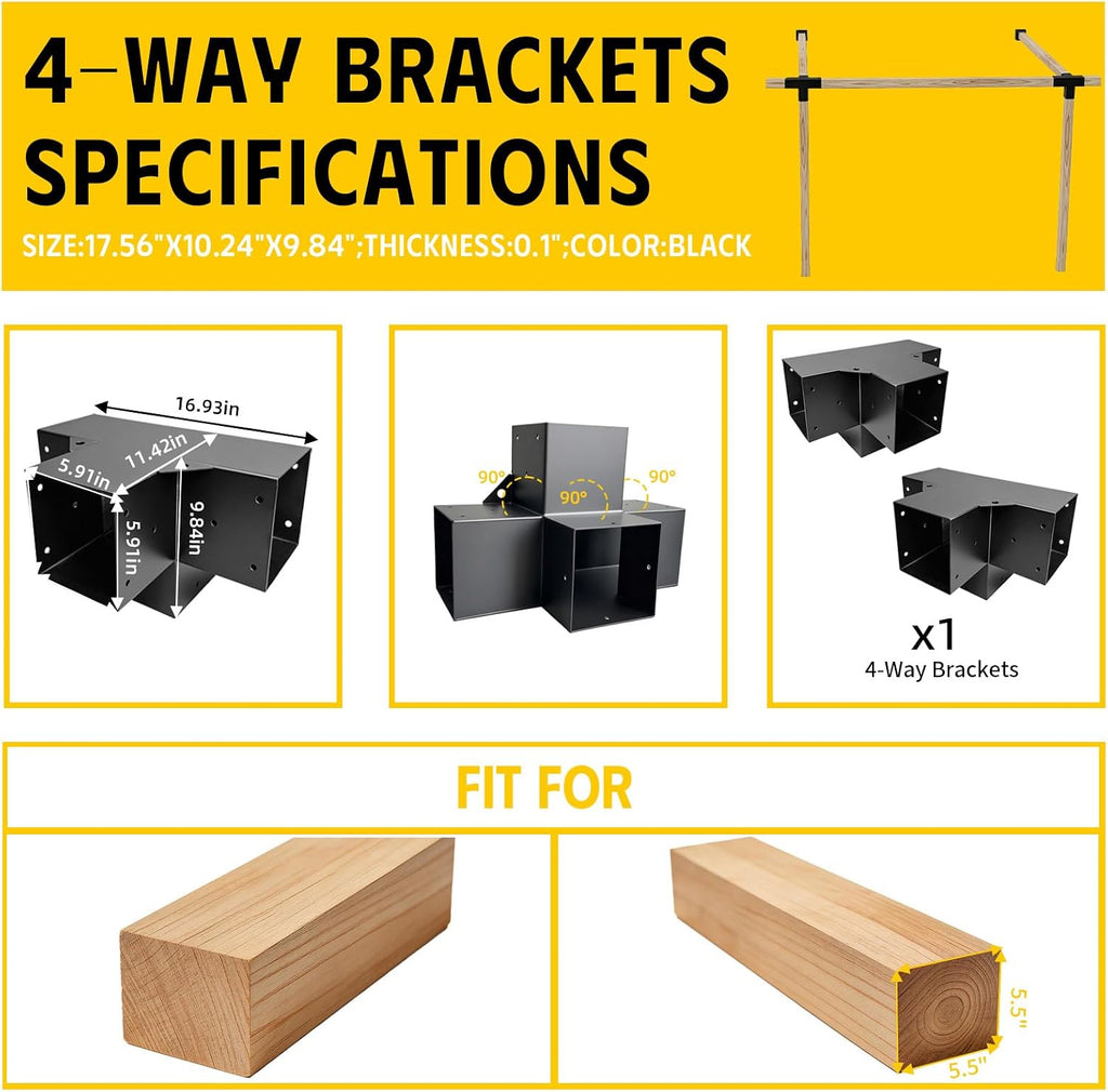 4-Way Pergola Right Corner Brackets Kit, DIY Woodwork Brackets for 6' x 6' (Actual:5.5' x 5.5') Lumber for Patio Pergolas, Gazebos, Log Cabin W/Hardware - 2 Pack