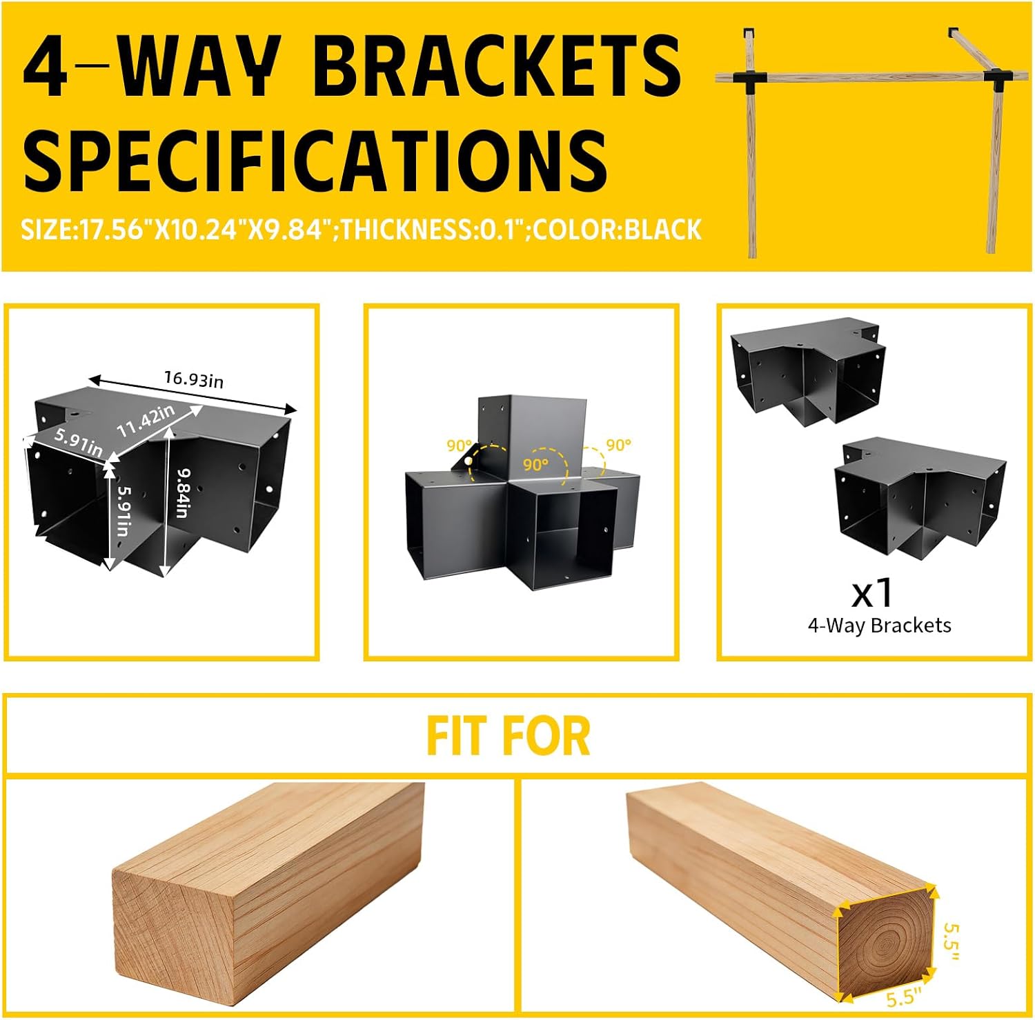 4-Way Pergola Right Corner Brackets Kit, DIY Woodwork Brackets for 6' x 6' (Actual:5.5' x 5.5') Lumber for Patio Pergolas, Gazebos, Log Cabin W/Hardware - 2 Pack