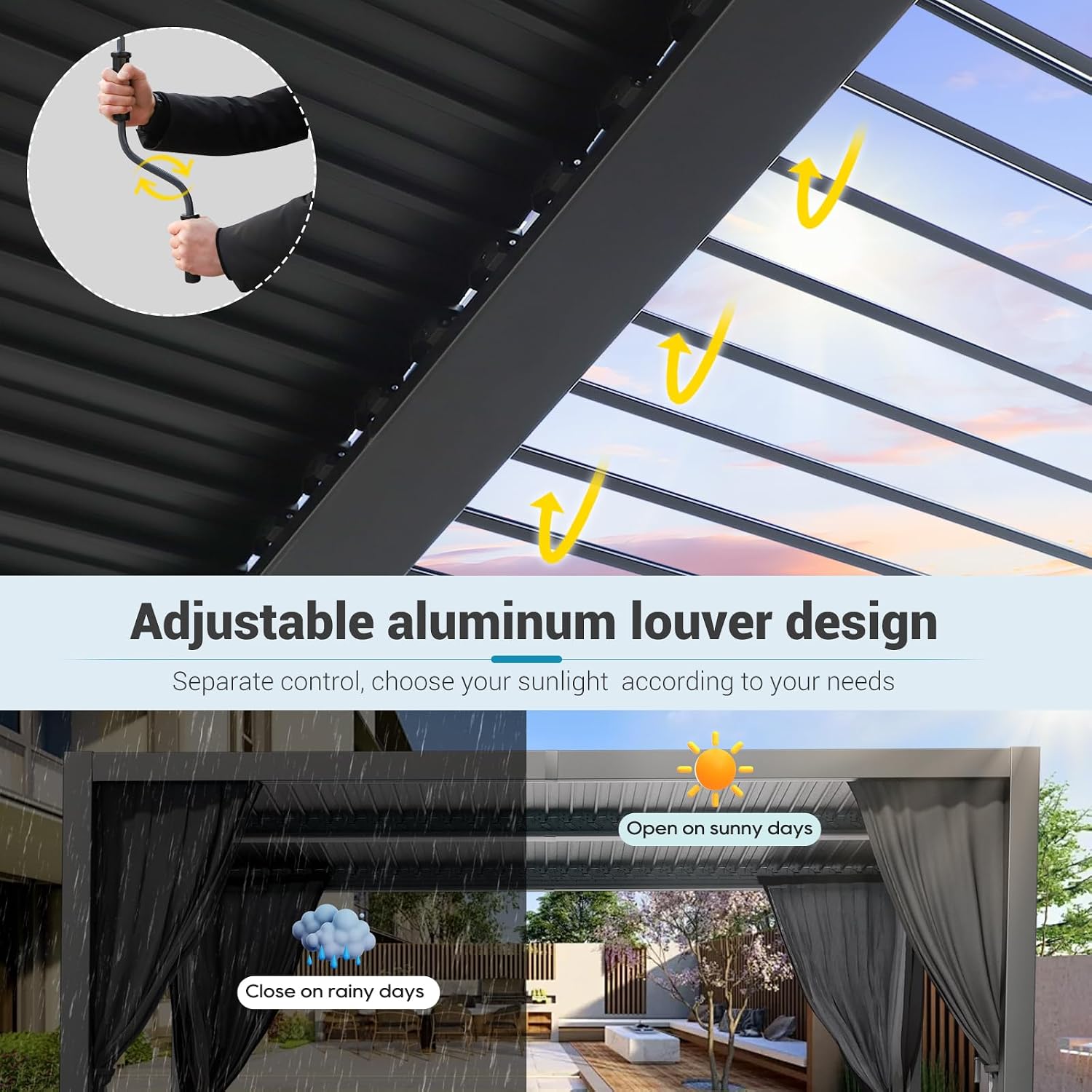 LVUYOYO Louvered Pergola 10' x 12', Outdoor Pergola with Adjustable Roof, Patio Aluminum Frame Metal Gazebo with Curtains and Netting for Patio, Backyard, Garden, Deck (Black)