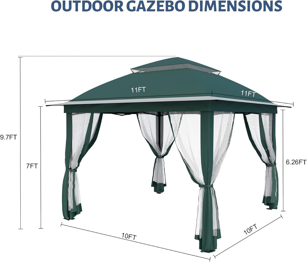 11'X11' Gazebo Pop Up with 4 Sidewalls Mosquito Netting, Heavy Duty Patio Gazebo Canopy Tent with Double Air Roofs for Backyards, Patios, Decks, Gardens, Parks