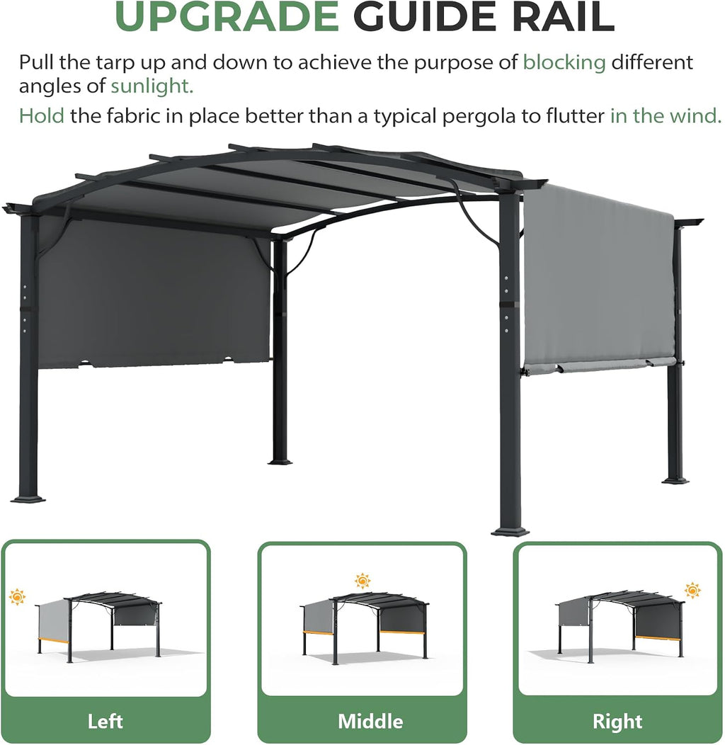 12' x12' Arched Outdoor Pergola for Deck, Outdoor Retractable Pergola with Adjustable Canopy, Aluminum Frame with Canopy Fixed in Various Positions (Grey)