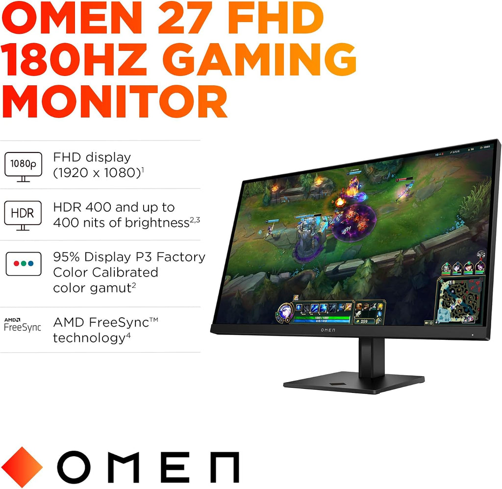 HP OMEN 27 inch FHD 180Hz Gaming Monitor, Quad HD Display (1920 x 1080), IPS Panel Technology, HDR 400, 1ms GtG (with Overdrive), AMD FreeSync Technology, Black, OMEN 27 G2 (2025)