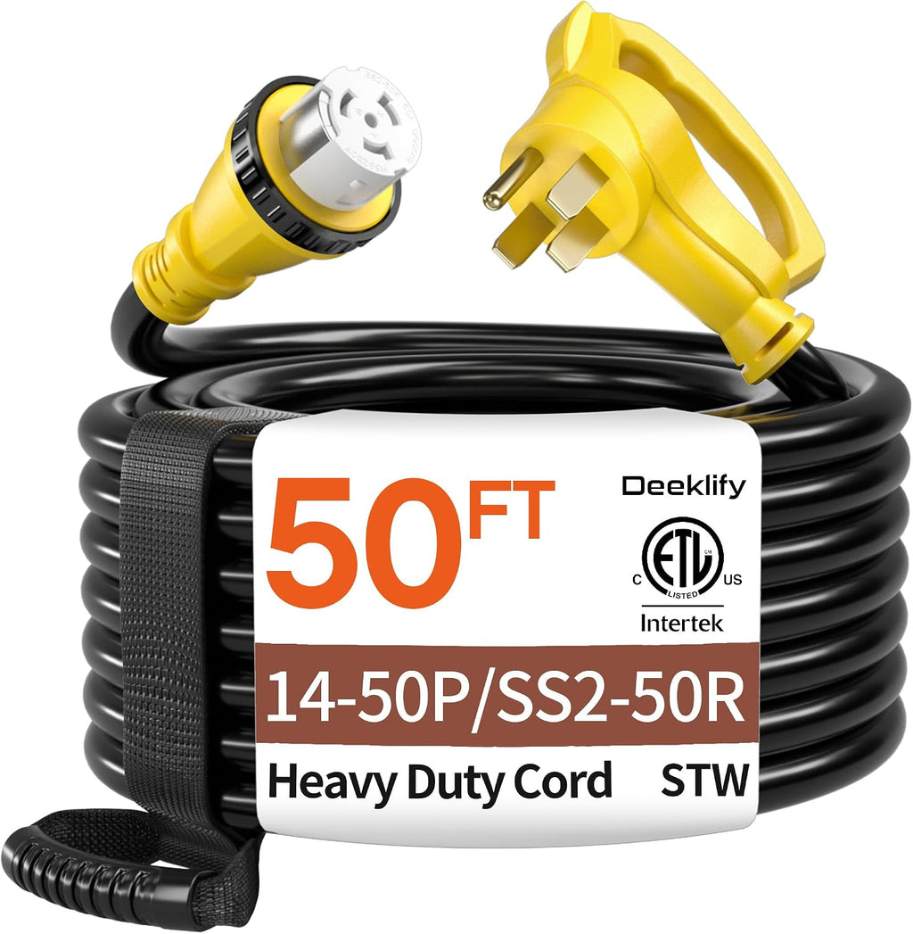 50FT 50 Amp Generator Cord, NEMA 14-50P/SS2-50R Heavy-Duty 4 Conductors Cable, Pure Copper STW RV Extension Cord, Female Plug with Twist Lock, Suitable for RV or Camper, ETL Listed