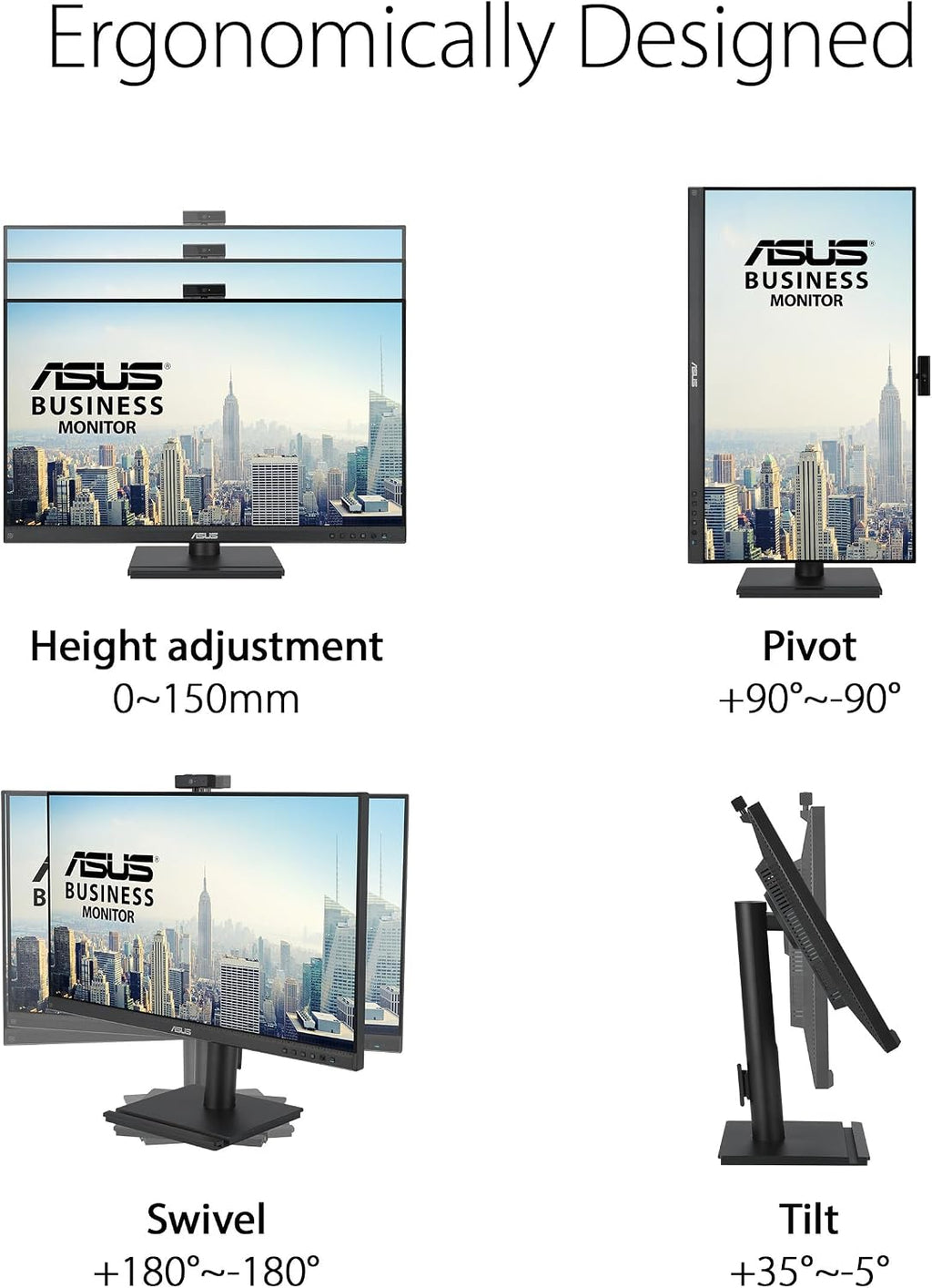 ASUS 27' 1080P Video Conferencing Monitor (BE279QFK) - Full HD, IPS, 100Hz, Frameless, Built-in Webcam, Mic Array, Speaker, Height Adjustable, Ergonomic Design, Eye Care, Wall Mountable, 3 yr warranty