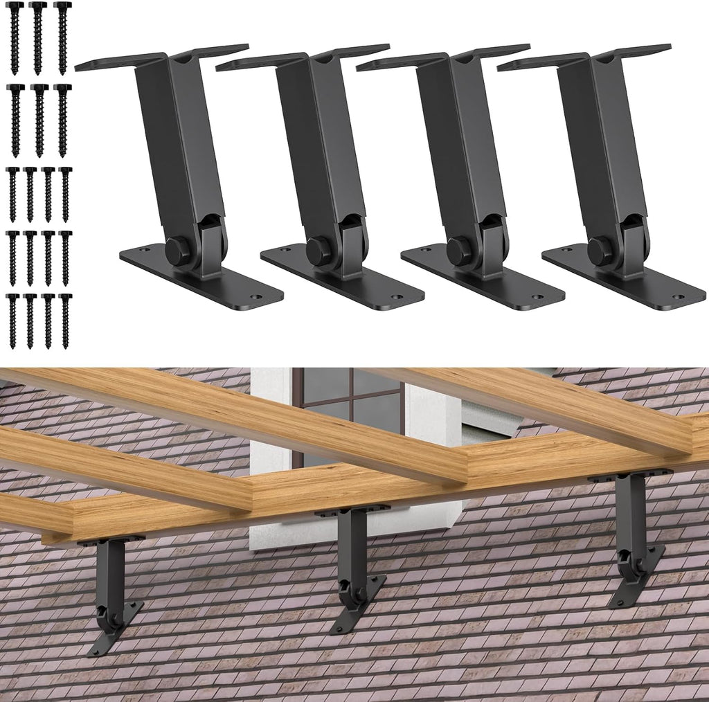 FMhotu Heavy Duty Roof Riser Brackets Kit,Adjustable Angle Pergola Brackets,Black Metal Roof Riser Beam Bracket for Roof Pergola Gazebo Patio(4 Pack)