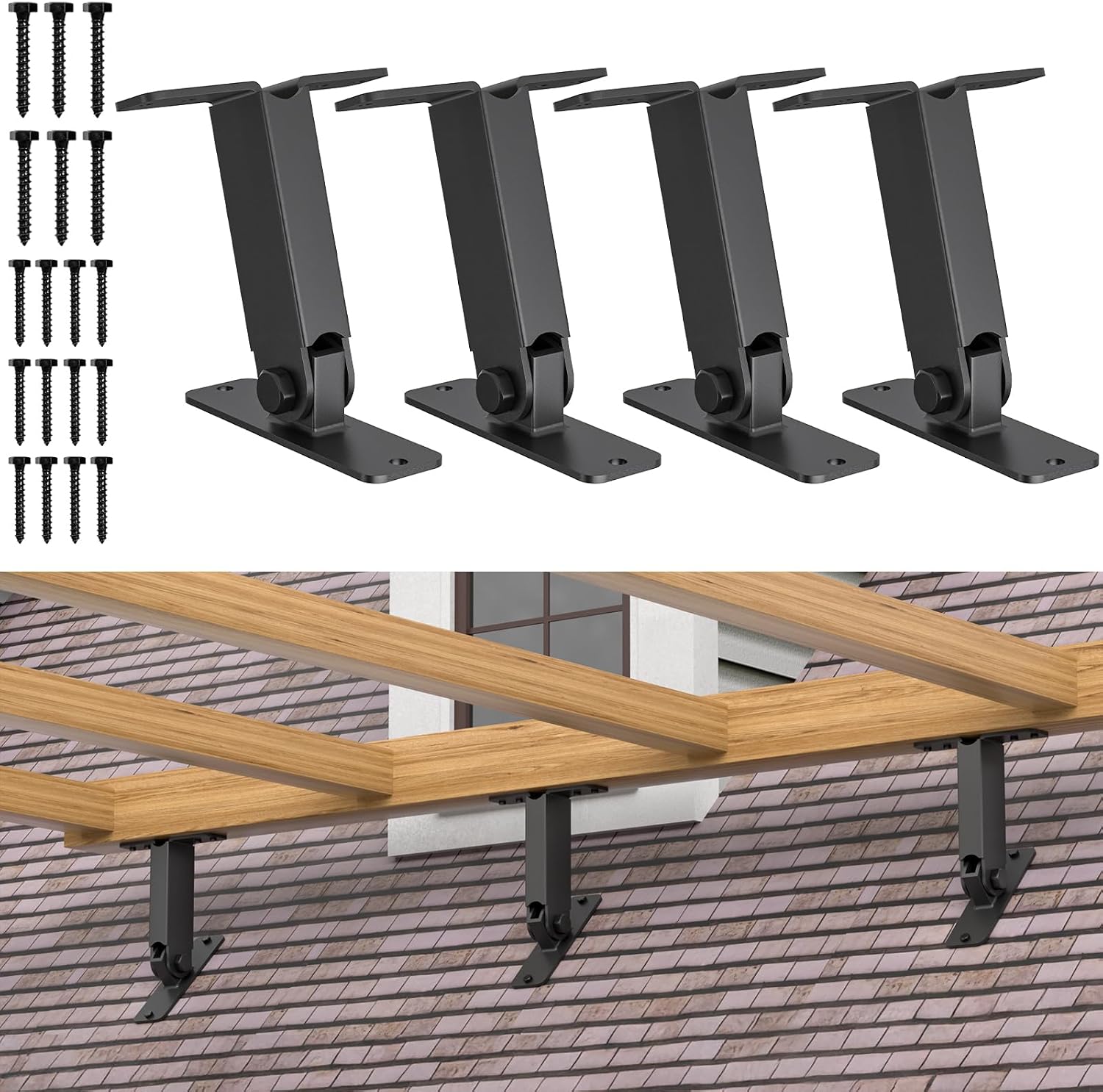 FMhotu Heavy Duty Roof Riser Brackets Kit,Adjustable Angle Pergola Brackets,Black Metal Roof Riser Beam Bracket for Roof Pergola Gazebo Patio(4 Pack)