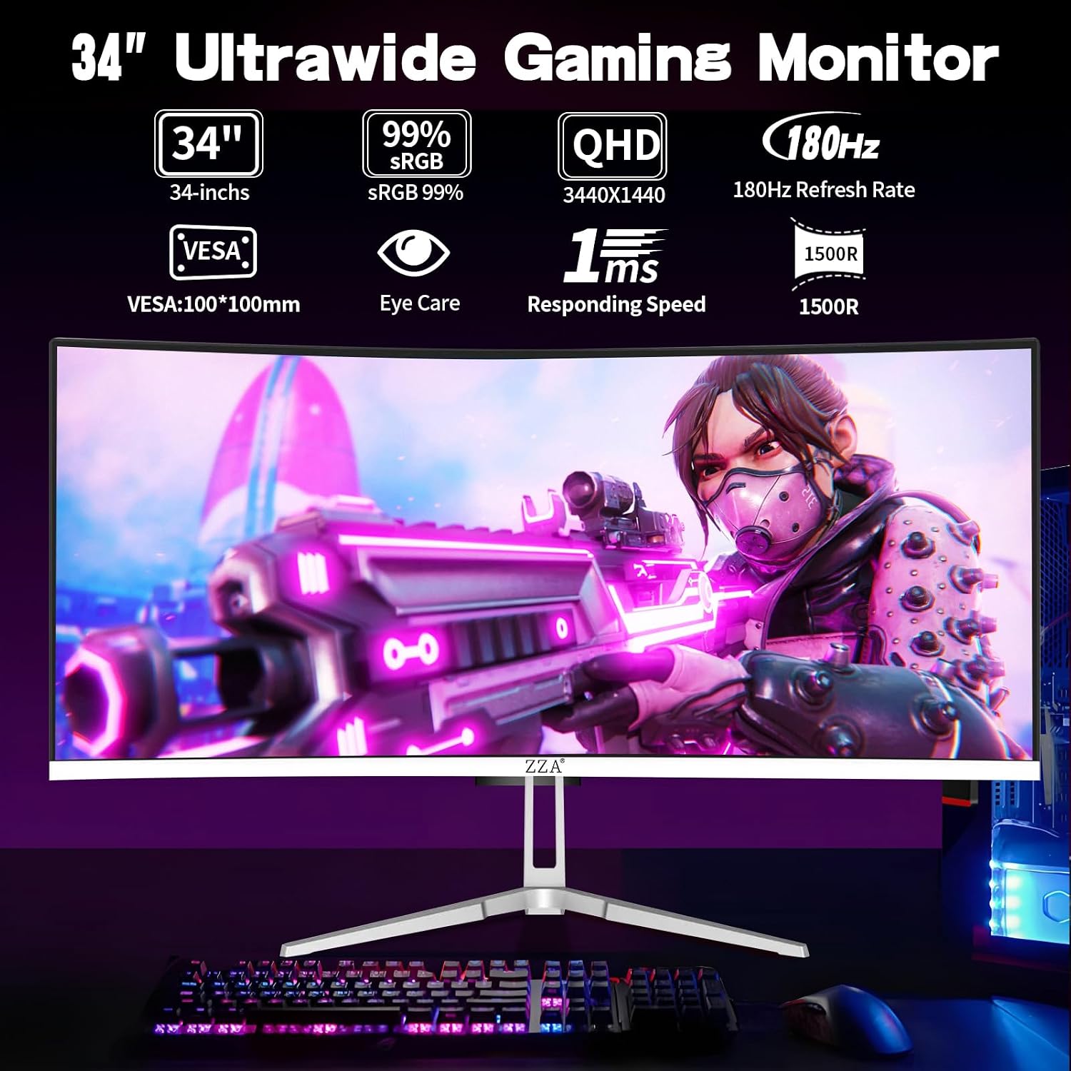 ZZA UltraWide 34 Inch Curved Monitor 1500R PC Screen 180hz Refresh Rate WQHD 3440x1440 Computer Gaming Monitor VA PanelAMD FreeSync Premium | HDR10 | 99% sRGB | VESA