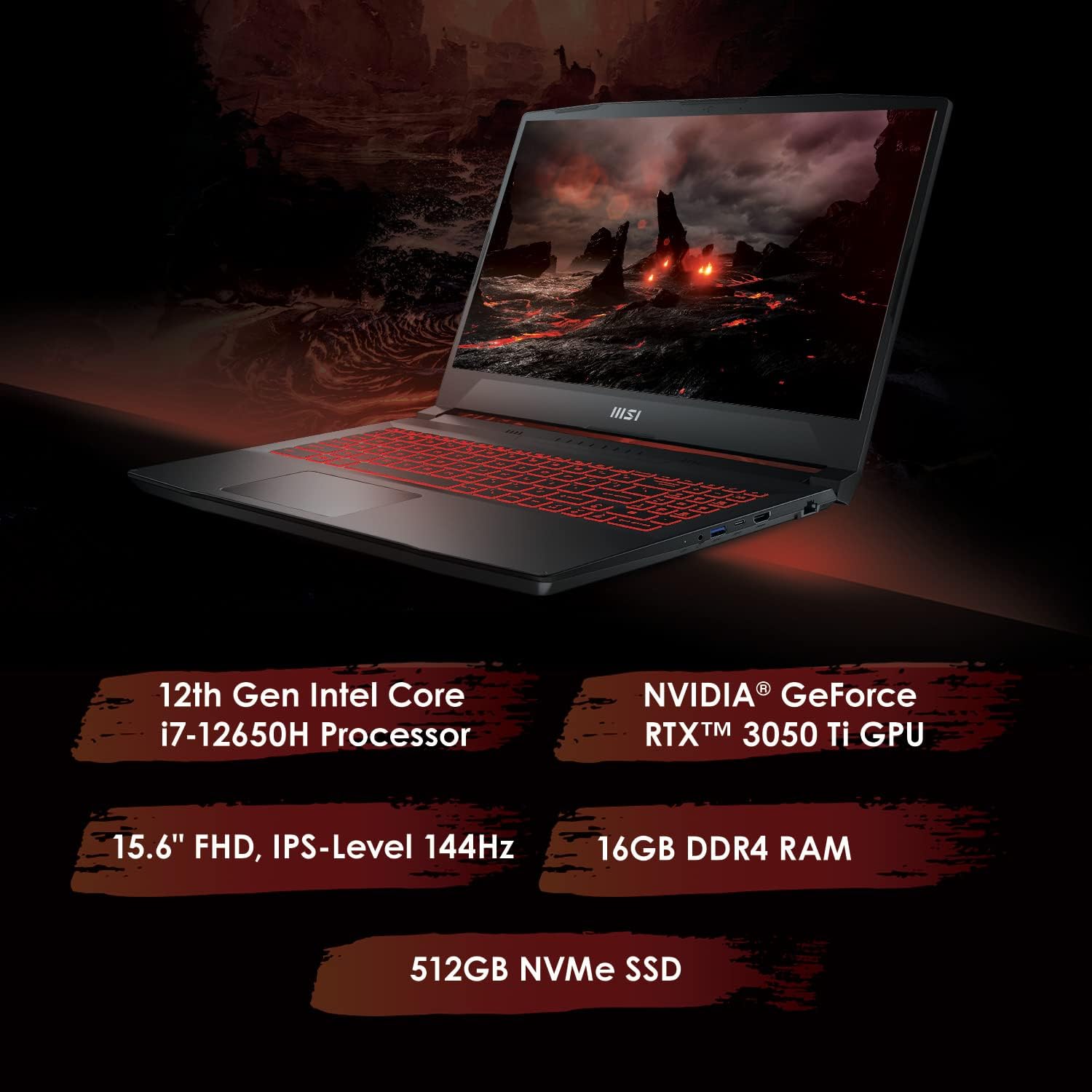 msi Katana GF66 15.6' 144Hz FHD Gaming Laptop: Intel Core i7-12650H, RTX 3050 Ti, 16GB RAM, 512GB NVMe SSD, Type-C USB 3.2 Gen 1, High-Resolution Audio, Cooler Boost 5, Win11 Home, Black (12UD-436)