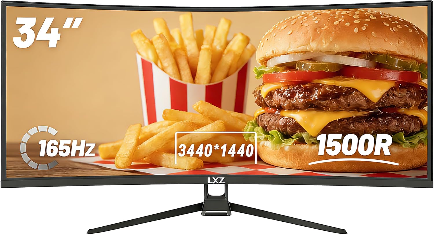 LXZ 34 Inch Curved Gaming Monitor UWQHD 3440x1440 165Hz 1500R 1ms MPRT Frameless Display DP HDMI 2.1