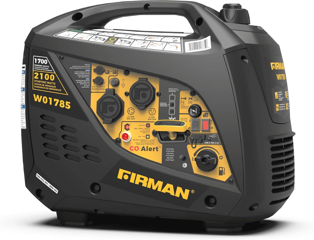 FIRMAN W01785 Inverter Portable Generator, 2100W Starting 1700W Running Power, Recoil Start with CO Alert Safety Shutoff, Quiet 59 dB Operation, Lightweight for Camping, Travel, Home, and Outdoor Use