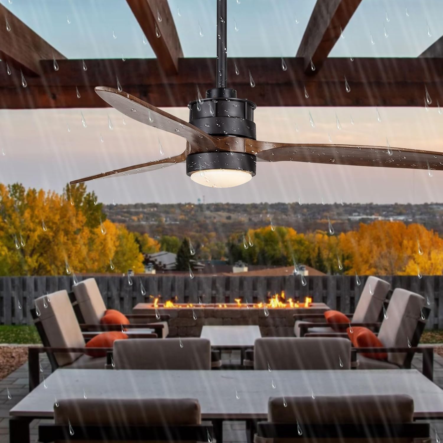 EKIZNSN 52 Inch Wet Rated Outdoor Ceiling Fan with Lights for Patios Waterproof Outdoor and Indoor use, DC Motor w 3 Reversible Walnut Wood Blades