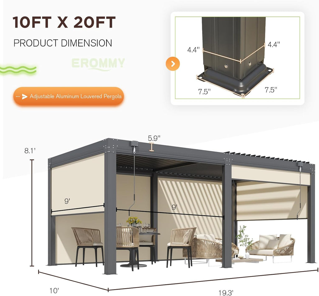 EROMMY 10x20 Louvered Pergola with Side Pull-Down Screen, Outdoor Aluminum Pergola with Thickened Frame and Adjustable Metal Rainproof Roof for Deck Patio Garden Yard, Black-Gray