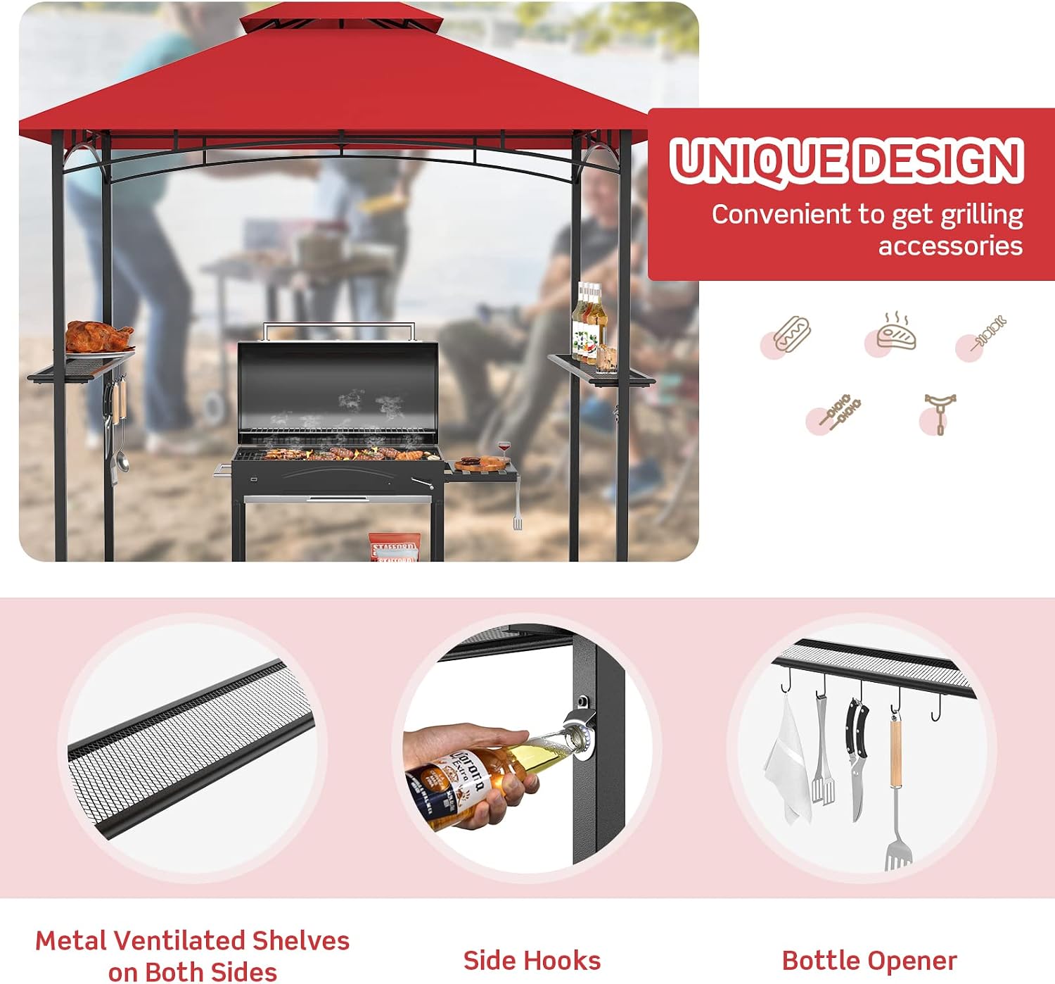 Tangkula 8x5 Ft Grill Gazebo, Double Tiered Outdoor Barbecue Grill with 2 Side Shelves, 5 Hooks, Bottle Opener for Patio, Garden, Beach, Backyard (Wine)