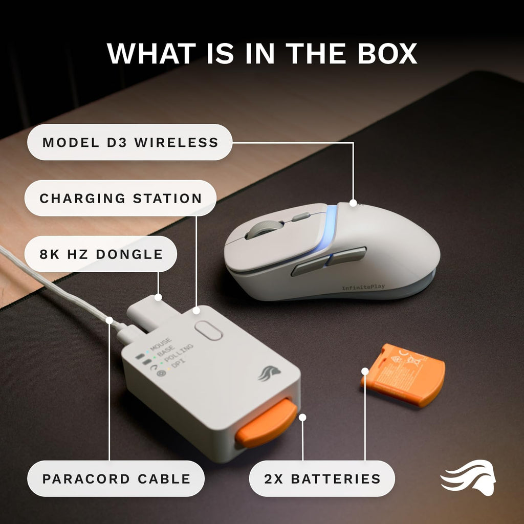 GLORIOUS Gaming Model D3 Wireless Gaming Mouse - InfinitePlay Swappable Battery, 130H Battery Life, 8k Polling, 130M Optical Switches, Ultralight 69g, 30K DPI Optical Sensor, RGB - White